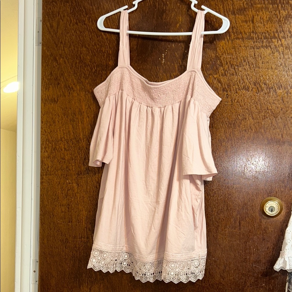Pink Off-Shoulder Top with Lace Hem